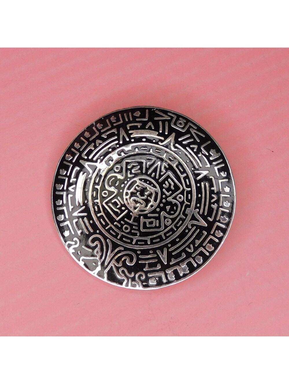 Vintage MEXICO Pendant / Pin Black Inlay Aztec Sun Dial